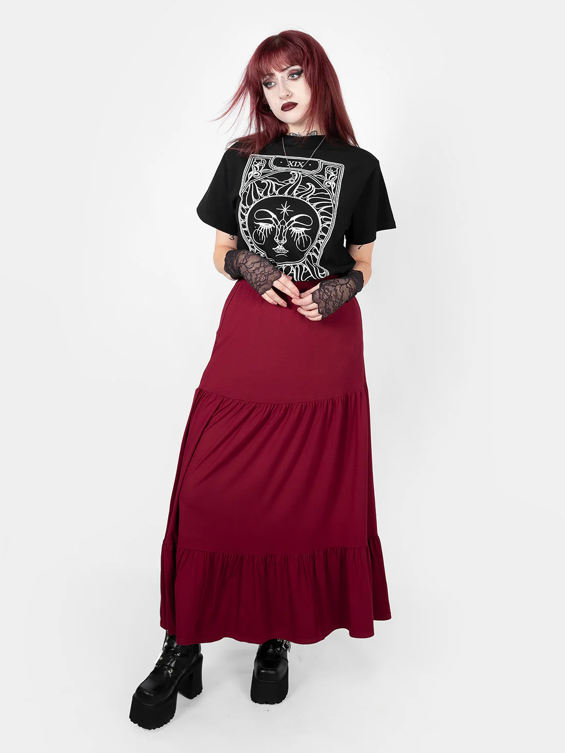 Bordowa spódnica midi z falbanami Oblivion - Image 17