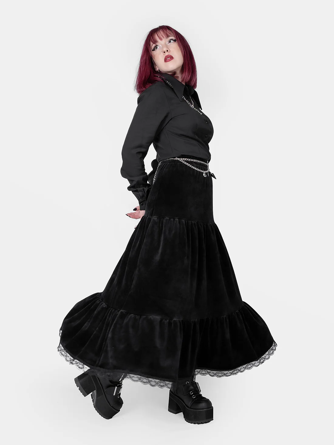 Welurowa spódnica maxi z falbanami Oblivion - Image 4