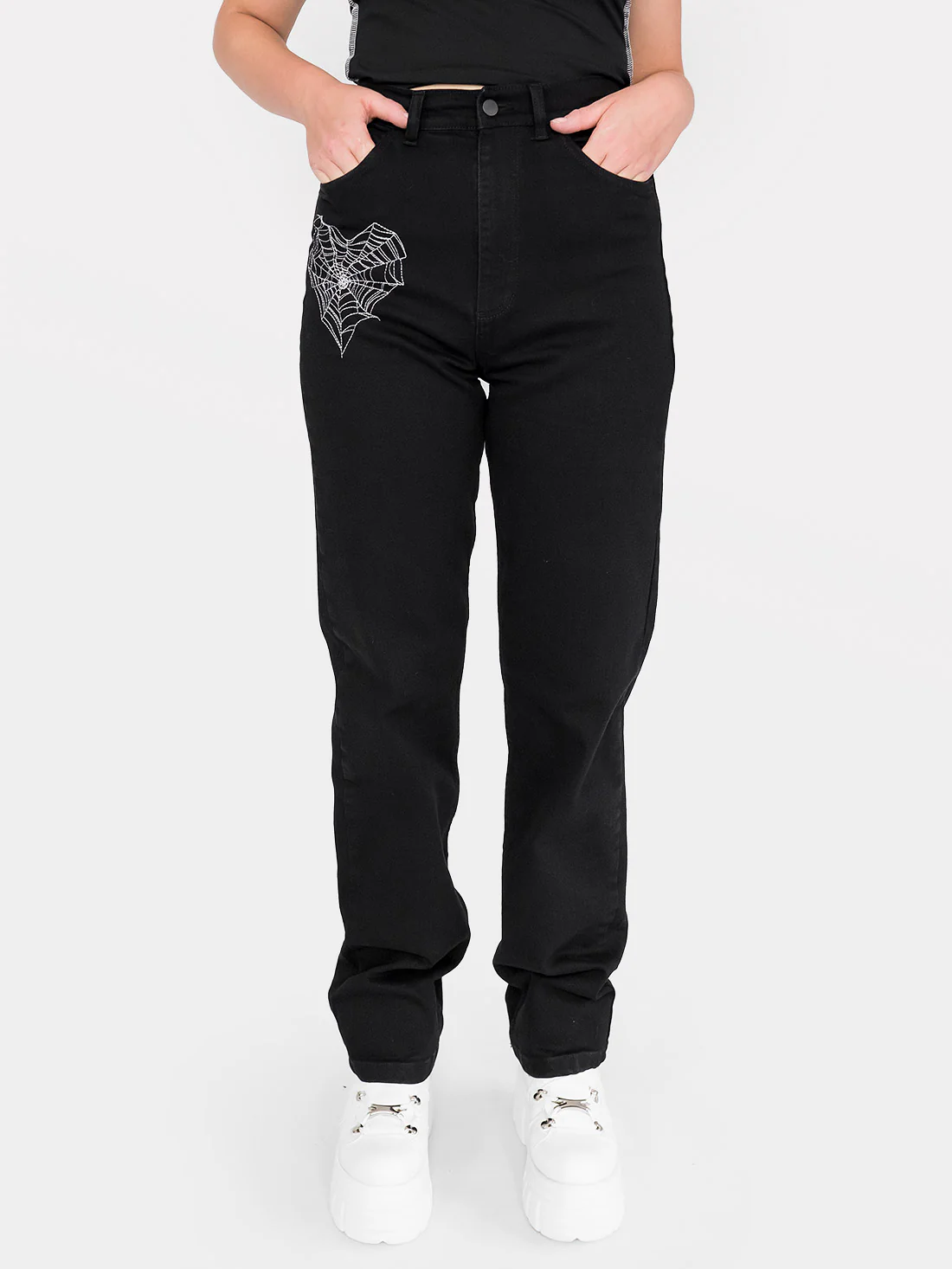 Jeansy straight leg z haftem Sinister - Image 5